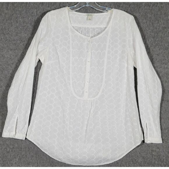 L.L. Bean White Eyelet Tunic Top Long Sleeve Bib Front Women’s Size Small - Picture 1 of 11